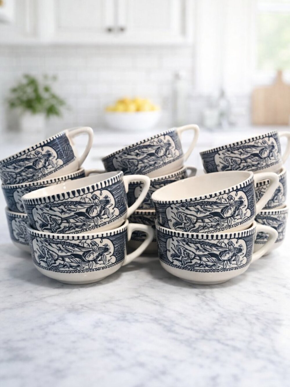 Set of 13 Vintage Royal Blue China Currier & Ives Coffee Cups Horse Buggy Mug